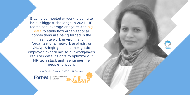 Graphic with a grayscale photo of a person smiling on the right. On the left, a quote about HR challenges in leveraging big data and analytics. Logos for Forbes, HR Geckos, and an idea light bulb graphic are below the text.