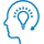Blue icon of a human head with bulb, forming a thinking gesture.