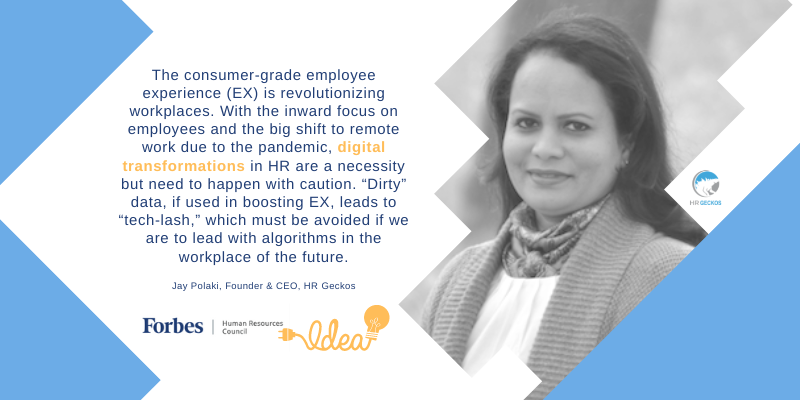 A grayscale portrait of a woman is on the right. The left side features text discussing digital transformations in HR, with logos of Forbes and HR Geckos.