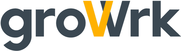 Logo of 'groWrk' in dark gray text with a yellow 'V' in the center, creating a vibrant contrast, partner of HR Geckos.