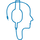 Minimalist blue icon of a human head with a keyhole design inside, symbolizing introspection or unlocking potential.