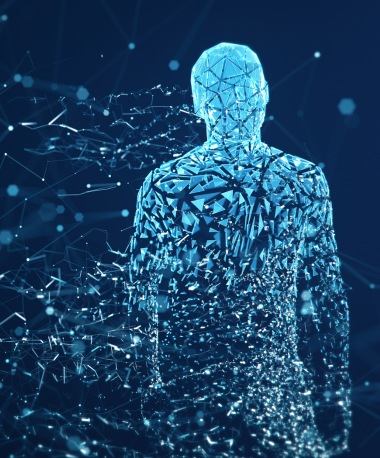 A digital figure in blue, constructed from geometric fragments, stands against a dark background with floating particles, conveying a futuristic and tech theme.
