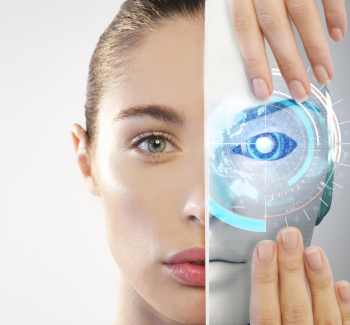 Half human, half robot face with an overlay of a digital eye interface. The image conveys a futuristic, tech-driven synthesis of humanity and technology.